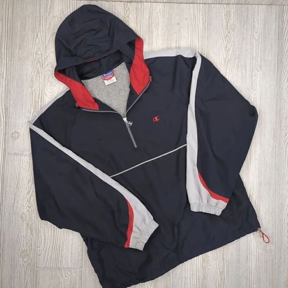 Vintage Rare Champion Windbreaker Quarter Zip Jacket Hooded Reflective Red Black